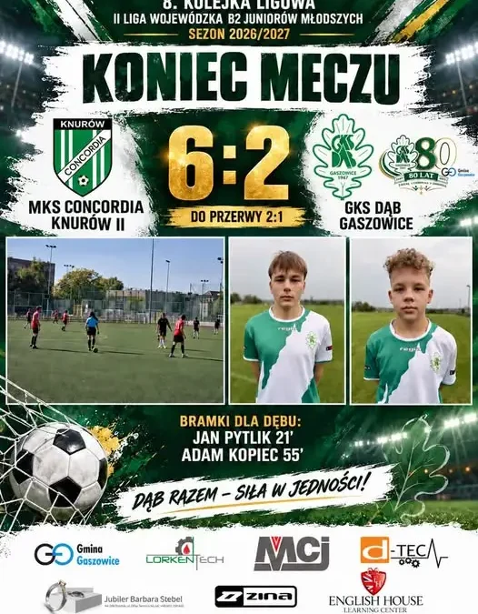 Juniorzy Młodsi Dębu Gaszowice Przegrywają w Knurowie 2:6