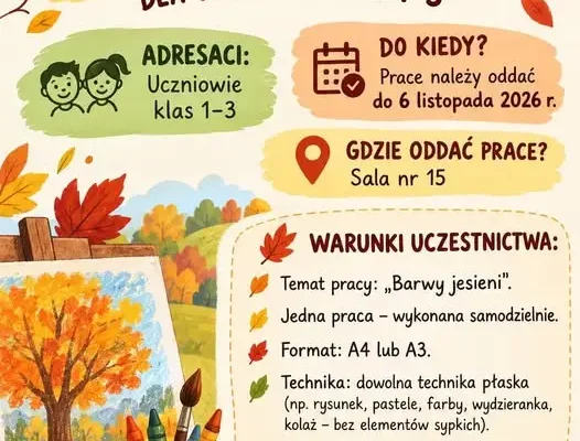 Konkurs plastyczny „Barwy jesieni” dla uczniów klas 1-3 – Szkoła Podstawowa nr 18 w Rybniku zaprasza