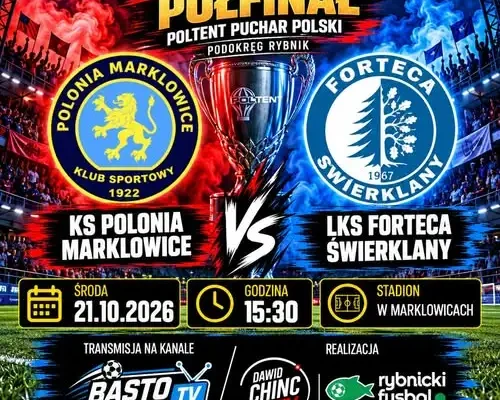 Półfinał Pucharu Polski Podokręgu Rybnik: Polonia Marklowice kontra Forteca Świerklany na żywo w BASTO TV