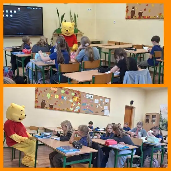 Niezwykły gość w bibliotece szkolnej – uczniowie klas 1-4 poznali przygody Kubusia Puchatka
