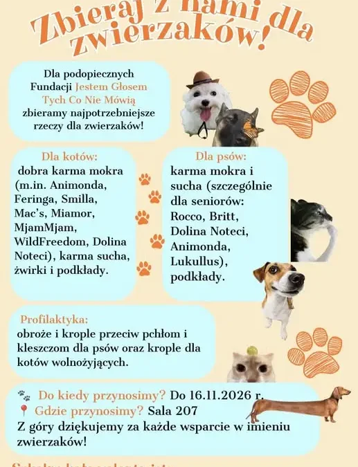 Szkolne koło wolontariatu organizuje zbiórkę dla zwierząt z Fundacji „Jestem Głosem”