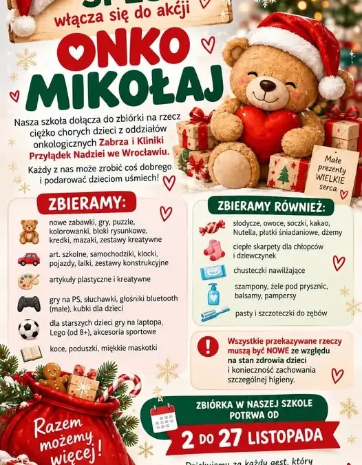 Szkoła włącza się w akcję „Onko Mikołaj” – zbiórka potrwa do 27 listopada
